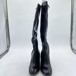 Black Round Toe Knee High Boots with Zipper Saddle Calf Stacked Block Heel Shoes